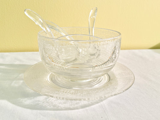 Etched bowl with plate and 3 glass spoons