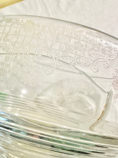 Etched bowl with plate and 3 glass spoons