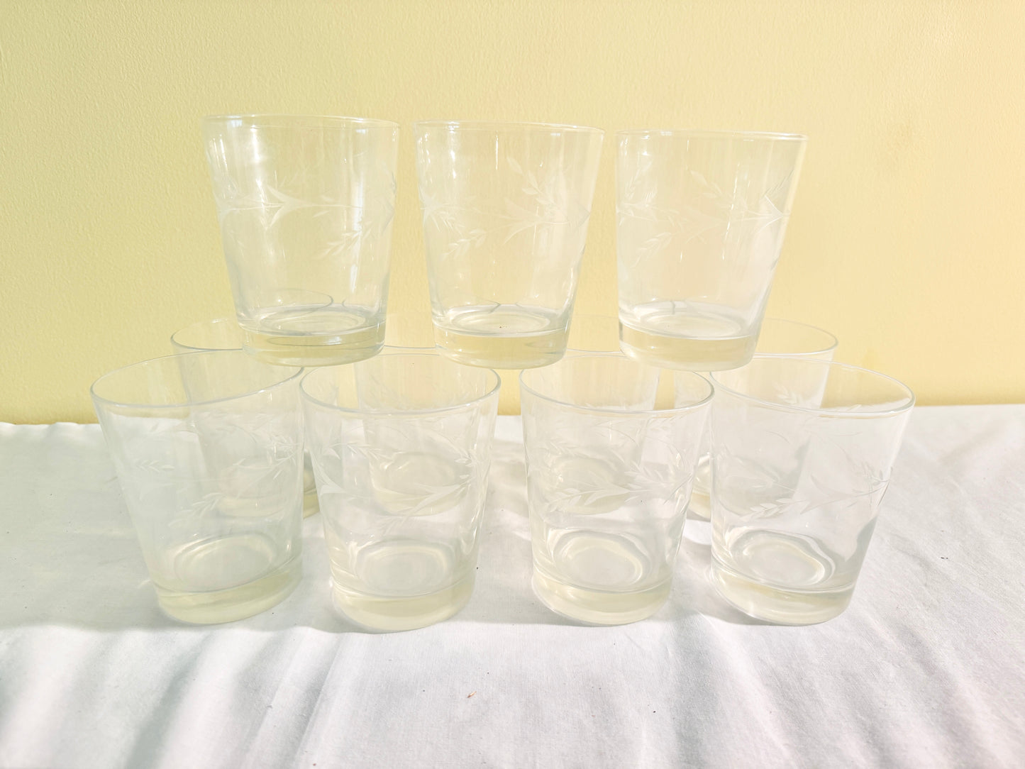 Set of 11 Etched Low Ball Glasses