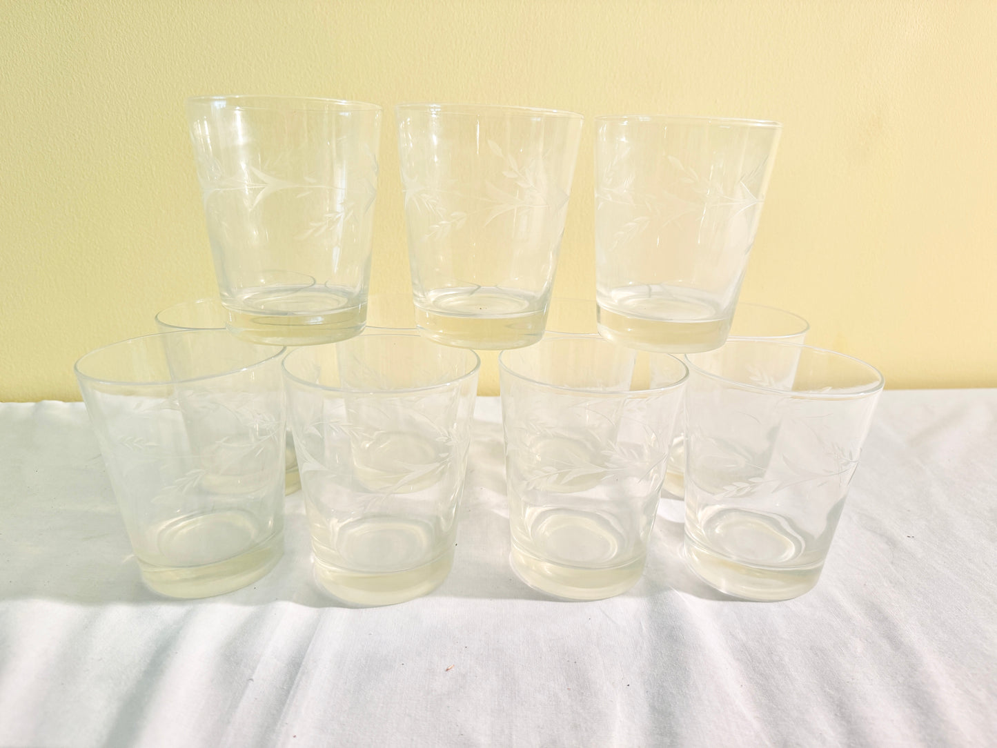 Set of 11 Etched Low Ball Glasses